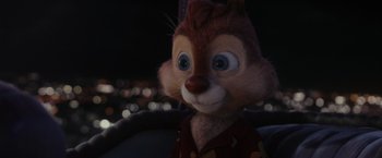 Movie still from “Chip 'n Dale: Rescue Rangers” (2022), directed by Akiva Schaffer – The head and face of a character in a car; Close Up shot, Over the shoulder angle