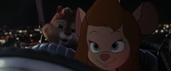 Movie still from “Chip 'n Dale: Rescue Rangers” (2022), directed by Akiva Schaffer – A cartoon character and a cat; Close Up shot, Over the shoulder angle