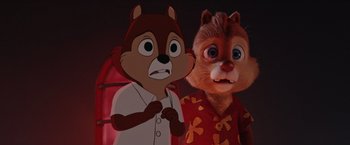 Movie still from “Chip 'n Dale: Rescue Rangers” (2022), directed by Akiva Schaffer – A couple of cartoon characters standing next to each other; Close Up shot, Over the shoulder angle