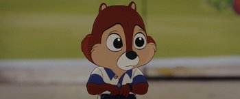 Movie still from “Chip 'n Dale: Rescue Rangers” (2022), directed by Akiva Schaffer – A cartoon character with a sad look on his face; Close Up shot, High angle