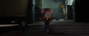 Movie still from “Chip 'n Dale: Rescue Rangers” (2022), directed by Akiva Schaffer – A cartoon of a girl with a mouse ears; Wide shot, Over the shoulder angle