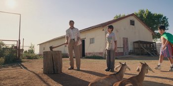 Movie still from “Chupa” (2023), directed by Jonás Cuarón – A man and a boy stand in front of an animal and an axe; Wide shot, Low angle
