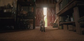 Movie still from “Chupa” (2023), directed by Jonás Cuarón – A goat standing in the middle of a room; Wide shot, Low angle