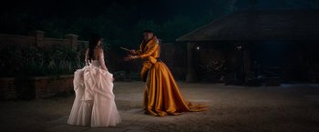 Movie still from “Cinderella” (2021), directed by Kay Cannon – Wide shot, Over the shoulder angle