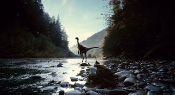 Movie still from “The Tree of Life” (2011), directed by Terrence Malick – A dinosaur in the middle of a river; Extreme Wide shot, Low angle