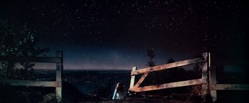 Movie still from “Close Encounters of the Third Kind” (1977), directed by Steven Spielberg – A woman standing in front of a wooden fence at night; Extreme Wide shot, Low angle