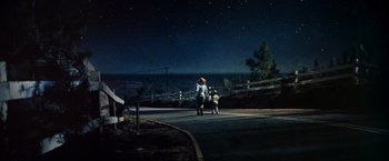 Movie still from “Close Encounters of the Third Kind” (1977), directed by Steven Spielberg – A woman and a small child walking down a street at night; Extreme Wide shot, Low angle