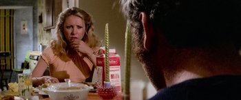 Movie still from “Close Encounters of the Third Kind” (1977), directed by Steven Spielberg – A man and a woman sitting at a dinner table; Close Up shot, Over the shoulder angle