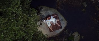 Movie still from “Cocaine Bear” (2023), directed by Elizabeth Banks – Two people are laying on a blanket on the ground; Wide shot, Overhead angle