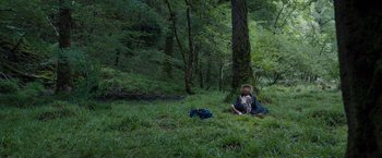 Movie still from “Cocaine Bear” (2023), directed by Elizabeth Banks – A person sitting in the grass near a tree; Extreme Wide shot, High angle