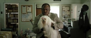 Movie still from “Cocaine Bear” (2023), directed by Elizabeth Banks – A man is grooming a small dog in a room; Close Up shot, Over the shoulder angle
