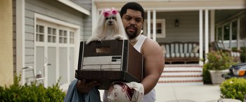 Movie still from “Cocaine Bear” (2023), directed by Elizabeth Banks – A man holding a box with a dog on top of it; Medium shot, Over the shoulder angle