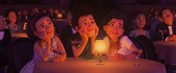 Movie still from “Coco” (2017), directed by Adrian Molina – A group of people sitting at a table with a lit candle; Medium shot, High angle