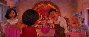 Movie still from “Coco” (2017), directed by Adrian Molina – A man and a woman in front of a shrine; Medium shot, Over the shoulder angle
