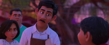 Movie still from “Coco” (2017), directed by Adrian Molina – An animated man with a mustache is looking at the camera; Close Up shot, Over the shoulder angle