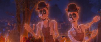 Movie still from “Coco” (2017), directed by Adrian Molina – Two animated skeletons wearing hats and aprons; Medium shot, Over the shoulder angle