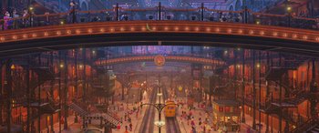 Movie still from “Coco” (2017), directed by Adrian Molina – A train station filled with lots of people and lights; Extreme Wide shot, High angle