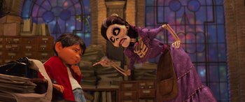 Movie still from “Coco” (2017), directed by Adrian Molina – A woman and a boy in a room; Medium shot, Over the shoulder angle