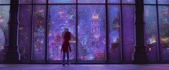 Movie still from “Coco” (2017), directed by Adrian Molina – A little girl standing in front of a window looking out at a city at night; Wide shot, Over the shoulder angle
