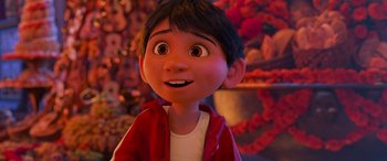 Movie still from “Coco” (2017), directed by Adrian Molina – A cartoon character's face; Close Up shot, Over the shoulder angle