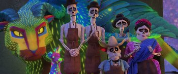 Movie still from “Coco” (2017), directed by Adrian Molina – A group of people that are dressed up like skeletons; Wide shot, Low angle