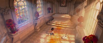 Movie still from “Coco” (2017), directed by Adrian Molina – A little girl standing in the middle of a room; Wide shot, High angle
