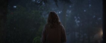 Movie still from “Color Out of Space” (2019), directed by Richard Stanley – A woman standing in front of a forest at night; Medium shot, Low angle