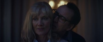 Movie still from “Color Out of Space” (2019), directed by Richard Stanley – A man and a woman are looking at the camera; Close Up shot, Low angle