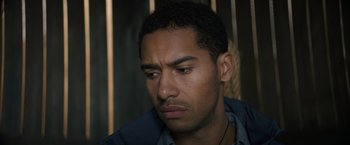 Movie still from “Color Out of Space” (2019), directed by Richard Stanley – A person with his eyes closed; Close Up shot, Over the shoulder angle