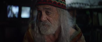 Movie still from “Color Out of Space” (2019), directed by Richard Stanley – An old man with a long white beard wearing a colorful hat; Close Up shot, Low angle