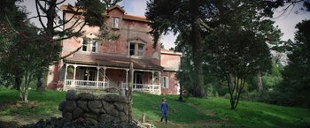 Movie still from “Color Out of Space” (2019), directed by Richard Stanley – A man standing in front of a large house; Extreme Wide shot, Low angle