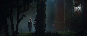 Movie still from “Color Out of Space” (2019), directed by Richard Stanley – A boy standing next to a tree in the middle of the night; Wide shot, Low angle