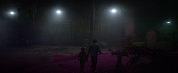 Movie still from “Color Out of Space” (2019), directed by Richard Stanley – A man and a child are walking in the dark; Wide shot, Low angle