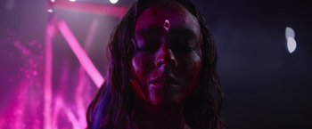Movie still from “Color Out of Space” (2019), directed by Richard Stanley – A woman with blood all over her face and head; Close Up shot, Low angle