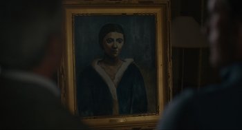 Movie still from “Confess, Fletch” (2022), directed by Greg Mottola – A painting of a woman in a black robe; Close Up shot, Over the shoulder angle
