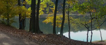 Movie still from “Contempt” (1963), directed by Jean-Luc Godard – A body of water surrounded by trees with leaves on the ground; Extreme Wide shot, High angle
