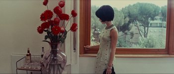 Movie still from “Contempt” (1963), directed by Jean-Luc Godard – A woman standing in front of a vase of flowers looking out of a window; Medium shot, Over the shoulder angle