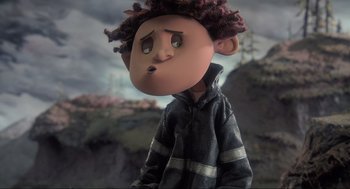 Movie still from “Coraline” (2009), directed by Henry Selick – A cartoon of a person with a curly hair; Medium shot, Low angle
