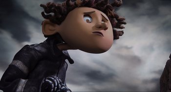 Movie still from “Coraline” (2009), directed by Henry Selick – The head of a cartoon character; Medium shot, Low angle