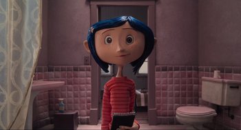 Movie still from “Coraline” (2009), directed by Henry Selick – A character from coraline standing in a bathroom; Medium shot, Overhead angle