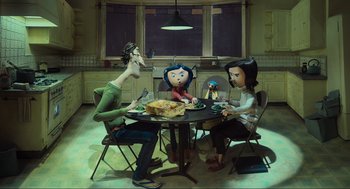 Movie still from “Coraline” (2009), directed by Henry Selick – A group of people sitting around a table eating; Wide shot, High angle