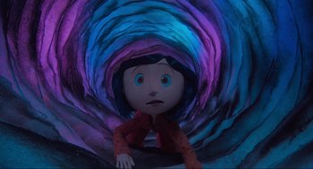 Movie still from “Coraline” (2009), directed by Henry Selick – A doll in a tunnel; Medium shot, Overhead angle