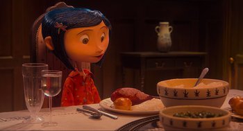 Movie still from “Coraline” (2009), directed by Henry Selick – A table set with a plate of meat and a bowl of soup; Medium shot, Over the shoulder angle