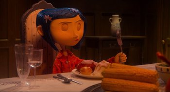 Movie still from “Coraline” (2009), directed by Henry Selick – A girl with blue hair is holding a fork in her hand; Medium shot, Over the shoulder angle