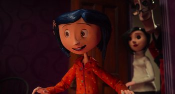 Movie still from “Coraline” (2009), directed by Henry Selick – A cartoon character with blue hair; Medium shot, Over the shoulder angle
