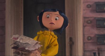Movie still from “Coraline” (2009), directed by Henry Selick – The head of a character from coraline; Medium shot, Over the shoulder angle