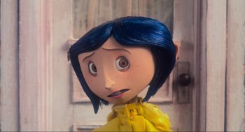 Movie still from “Coraline” (2009), directed by Henry Selick – The head of a doll with blue hair; Close Up shot, High angle