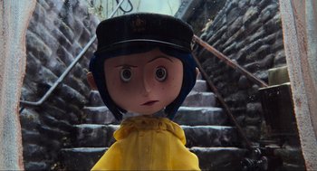Movie still from “Coraline” (2009), directed by Henry Selick – The head of a cartoon character; Close Up shot, Over the shoulder angle
