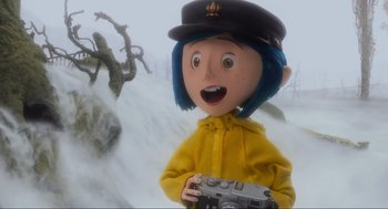 Movie still from “Coraline” (2009), directed by Henry Selick – A cartoon of a person holding a camera in the snow; Medium shot, High angle