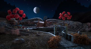 Movie still from “Coraline” (2009), directed by Henry Selick – An artistic rendering of a night scene with a full moon; Extreme Wide shot, High angle